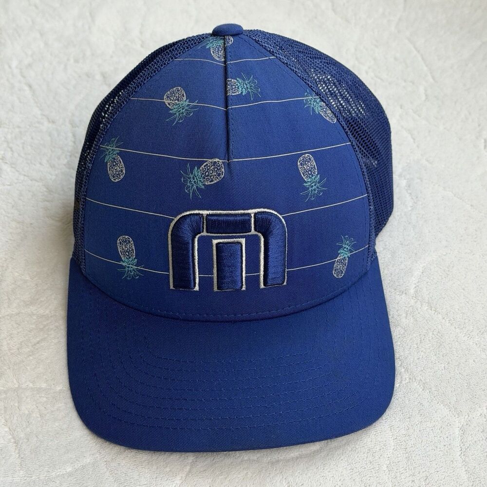 TRAVIS MATHEW GOLF CAP/HAT BLUE W/PINEAPPLE‎ PRINT TRUCKER STYLE SNAPBACK NICE